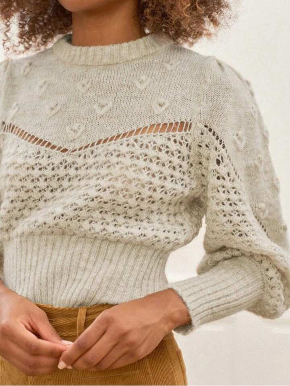Rouje Paris Sylvie Knit Jumper Sweater Cream Beige Oatmeal Pointelle Puff Sleeve